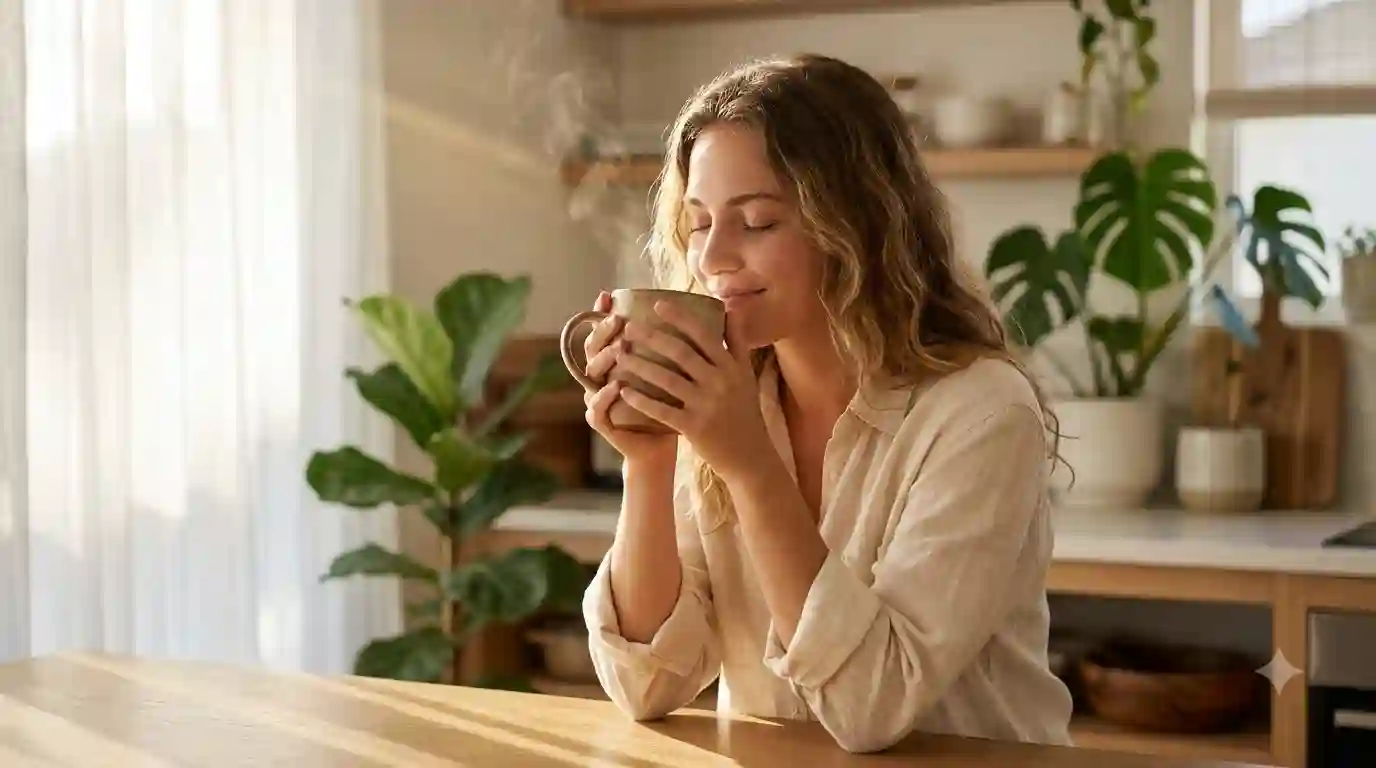 Frau trinkt frischen Morgenkaffee in der Küche