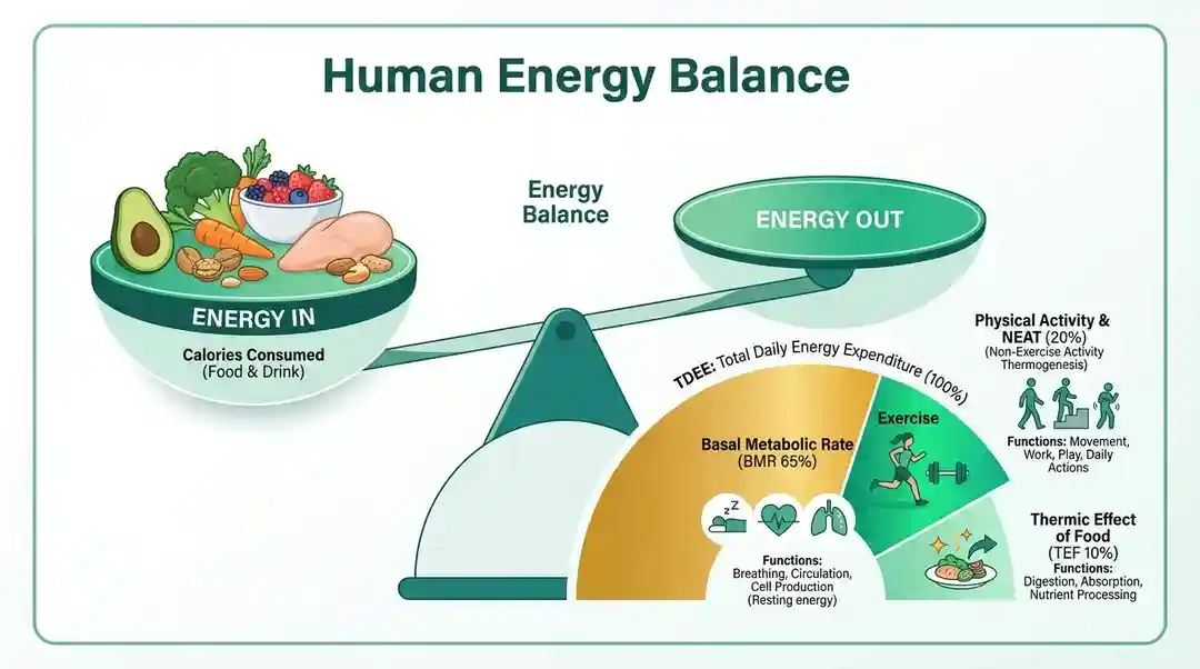 Human Energy Balance and TDEE Metabolism Infographic showing BMR, NEAT, and TEF