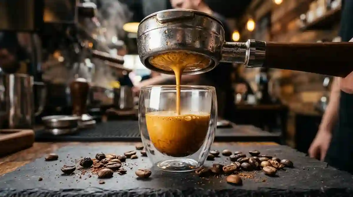 Kaffeemaschine gießt frischen heißen Espresso mit reichhaltiger Crema