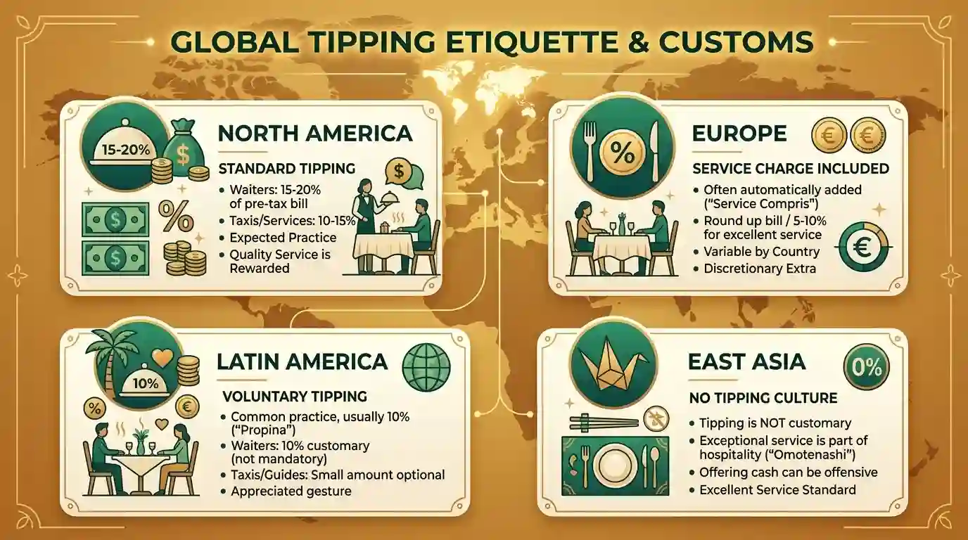 Global tipping etiquette chart comparing North America, Europe, Latin America, and Asia