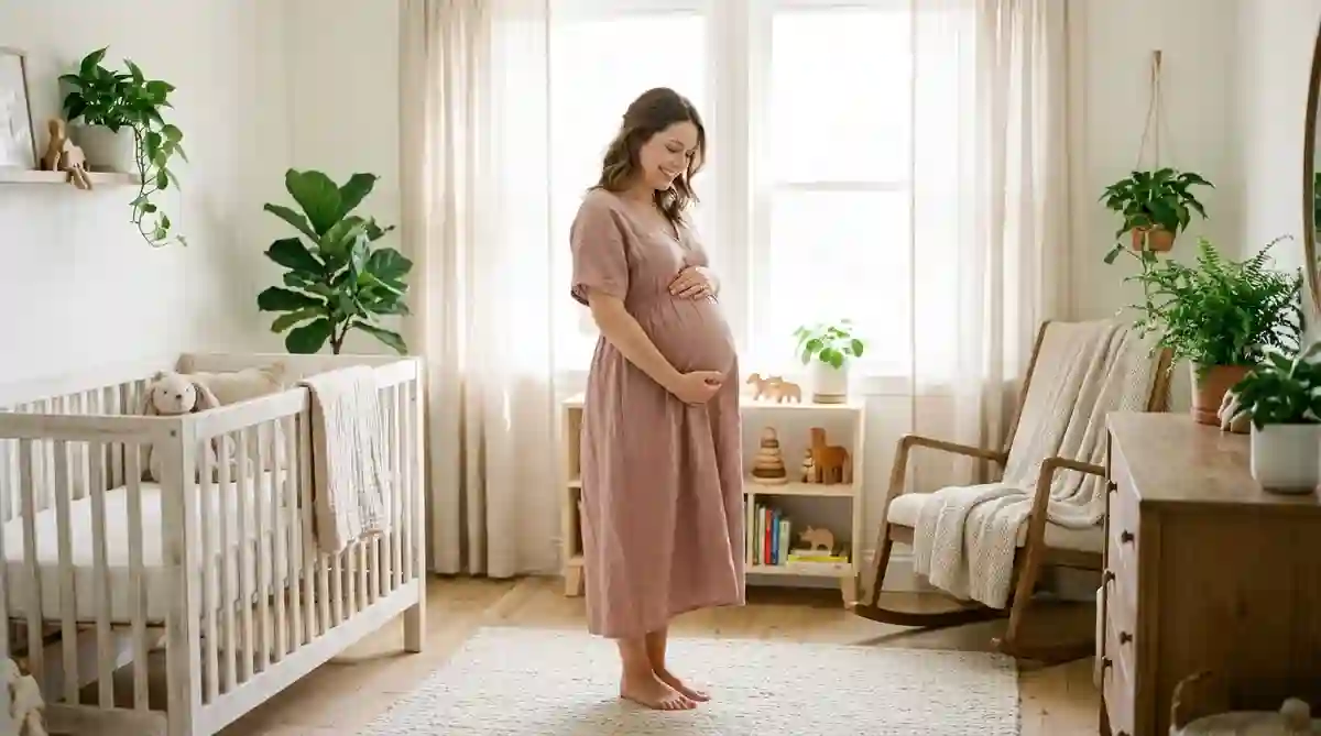 Femme enceinte caressant son ventre arrondi dans une douce lumière matinale