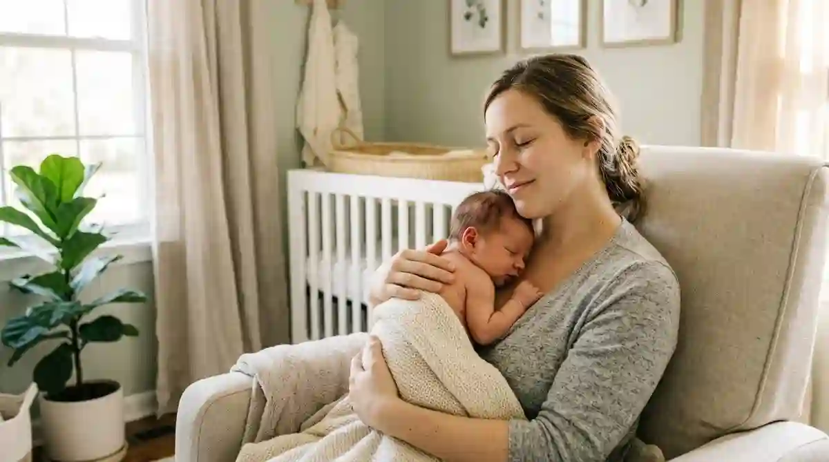 Mère tenant tendrement son nouveau-né contre elle en peau à peau