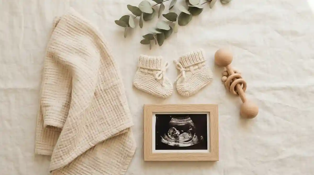Chaussettes de bébé en laine, hochet en bois et premier cliché échographique
