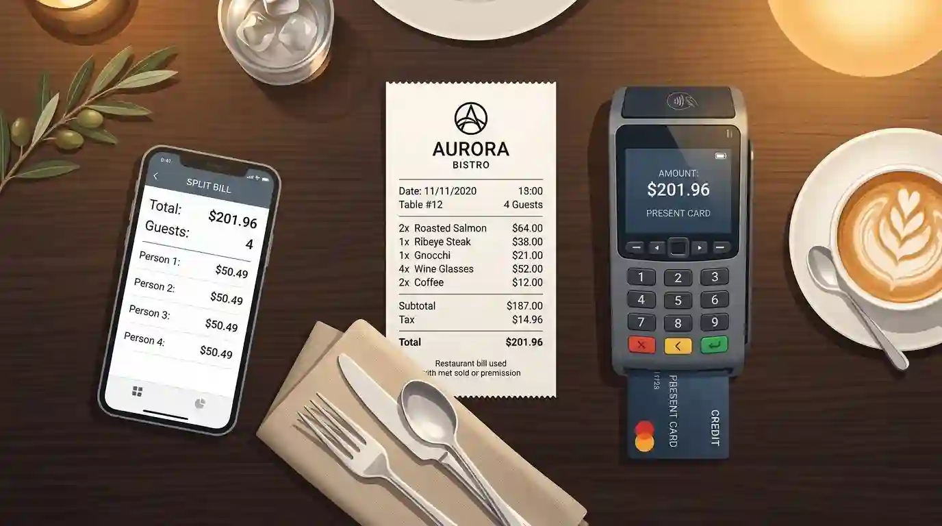 Bistro dining table with restaurant bill, card payment terminal, and smartphone bill splitter